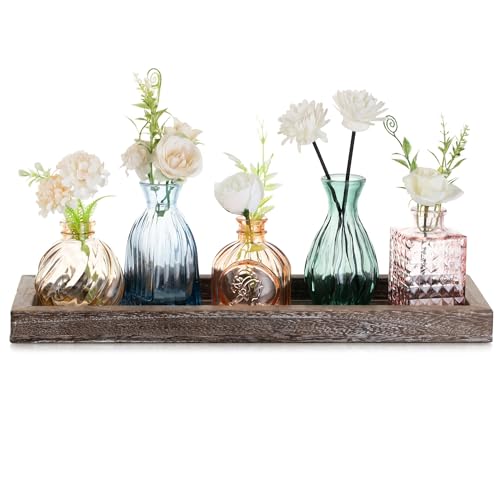 Glasseam Glass Bud Vases for Flower: 5 Pcs Small Vases with Wooden Tray | Colored, Vintage Embossed, Rustic Table Centerpieces, Living Room, Bathroom, Home Decor, Wedding, Birthday, Housewarming Gift - color: Colorful-embossed