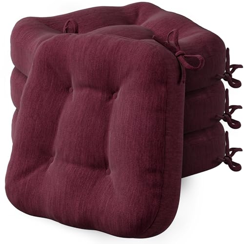 Codi Dining Chair Cushions 4 Pack, Thick Memory Foam Kitchen Seat Pads | 3.5-inch triple-layer comfort, Non-slip backing, Secure ties, Removable washable covers, 16.5"x16.5" D-shaped, Wine - color: Wine-new, size: Pack of 4