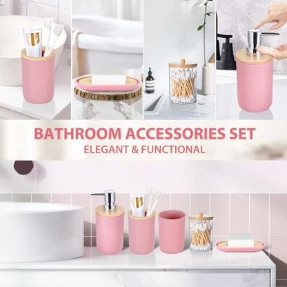 Bathroom Accessories Set 5Piece Pink Bathroom Sets, Toothbrush Holder, Toothbrush Cup, Lotion Soap Dispenser, Soap Dish and Qtip Holder Bathroom Decor - style: Pink