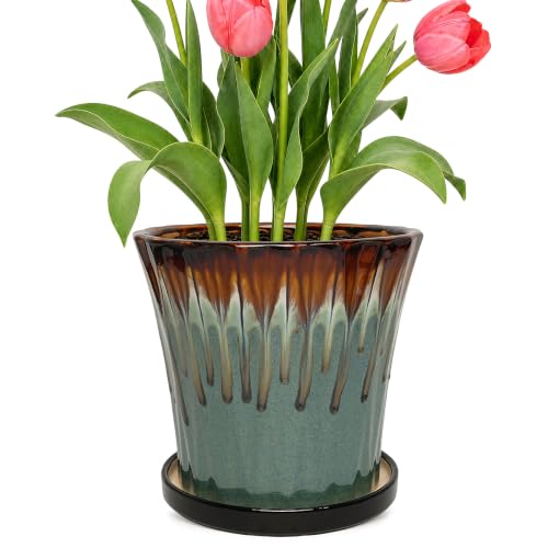 8.3 Inch Ceramic Planters with Drainage Hole and Saucer,Indoor Outdoor Large Flower Pots, Garden Pot for Plant Lovers (Drip Blue) - color: Drip Blue, size: 8.3 Inch