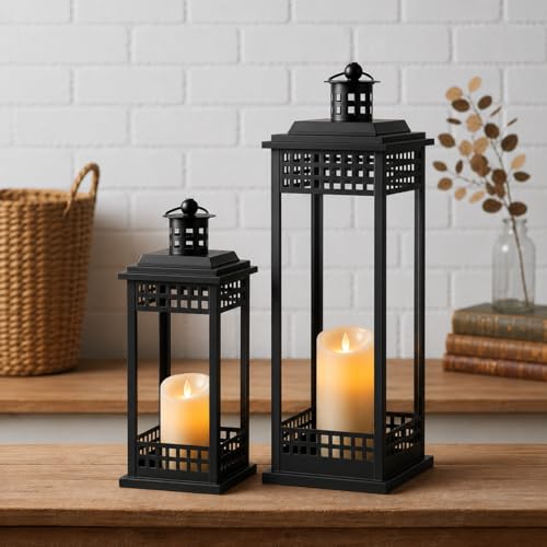 Decorative Candle Lanterns Set of 2, Black Metal for Indoor & Outdoor | Perfect for Patios, Porches & Garden Tables, Hanging or Tabletop Use, Farmhouse Home Decor, Glass free safety design - size: 17in and 11in