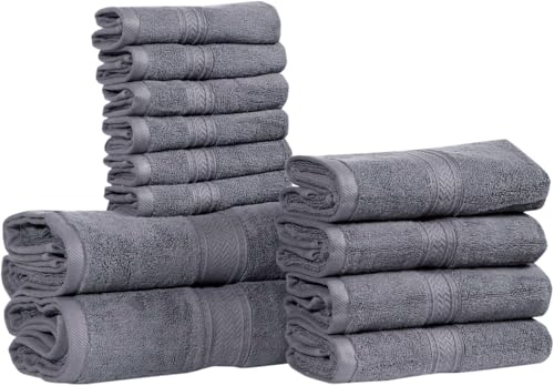 Hillfair 12 piece 600 GSM Cotton Bath Towels - Hotel Spa Quality - 2 Bath, 4 Hand, 6 Washcloths - Absorbent Super Soft Grey Cotton Set - color: Platinum, size: 12 Piece Towel Set