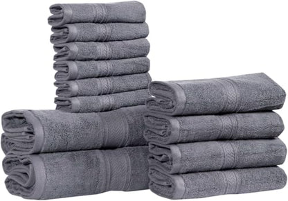 Hillfair 12 piece 600 GSM Cotton Bath Towels - Hotel Spa Quality - 2 Bath, 4 Hand, 6 Washcloths - Absorbent Super Soft Grey Cotton Set - color: Platinum, size: 12 Piece Towel Set
