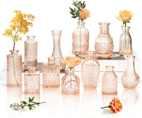 Clear Amber Gold Glass Bud Vase Set of 12 Pcs,Small Bud Vases in Bulk,Glass Crystal Flower Vases Table Centerpieces for Party Event Wedding Decor Baby Shower Decorations (Amber Gold, 12 Pcs) - color: Amber Gold, size: 12 Pcs