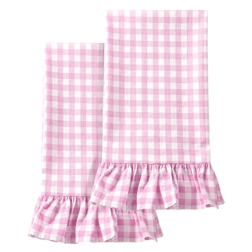 HunnmingRe Hot Pink Kitchen Towels Set of 2, 100% Cotton Ruffled Gingham Dish Towels 18"x28" Absorbent Tea Cloths Classic Plaid Pattern for Farmhouse Charm, Drying Dishes, Entertaining Guests - color: Hot Pink, style: Gingham