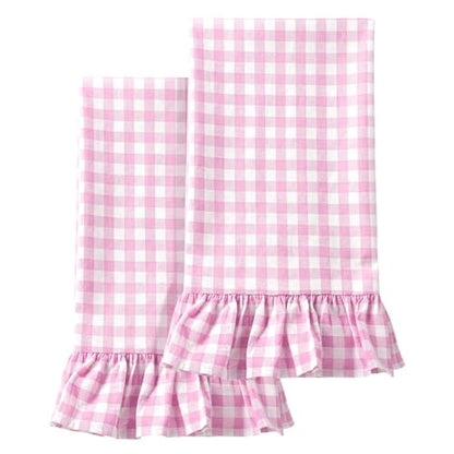HunnmingRe Hot Pink Kitchen Towels Set of 2, 100% Cotton Ruffled Gingham Dish Towels 18"x28" Absorbent Tea Cloths Classic Plaid Pattern for Farmhouse Charm, Drying Dishes, Entertaining Guests - color: Hot Pink, style: Gingham
