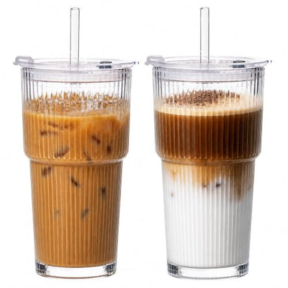 20oz Iced Coffee Cups with Lids, Glass Coffee Cups with Lids and Straws | Clear Reusable Drinkware, Secure Leak-Resistant Lids, Cup-Holder Friendly, Ideal for Iced Coffee, Tea, Juice and Smoothies - color: Clear - 2 pcs