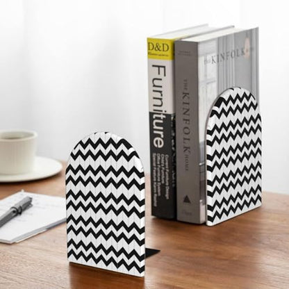 Geometric Black & White Patterns 2 Print Book Ends, 1 Pair Sturdy Wooden Bookends for Shelves Heavy Duty Non-Slip Wood Bookend for Home Office Library School Study Decoration