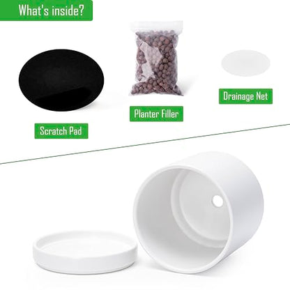 D'vine Dev 2-Pack Ceramic Pots with Saucers, White, 4/6 in, 94-G-S-1 | Glazed Ceramic, Drainage Hole, Perfect-Fit Saucer, Sleek Cylinder Shape, High Temperature Fired, Elegant Home Accent - color: White, size: Small