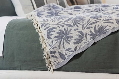 Flower Organic Cotton Turkish Throw Blanket, Muslin - Navy | Thin, Soft, Lightweight, Breathable Gauze Weave, Blue and White Reversible Floral Print, for Sofa, Chair, Couch, 65" x 65" - color: Navy Whimsy