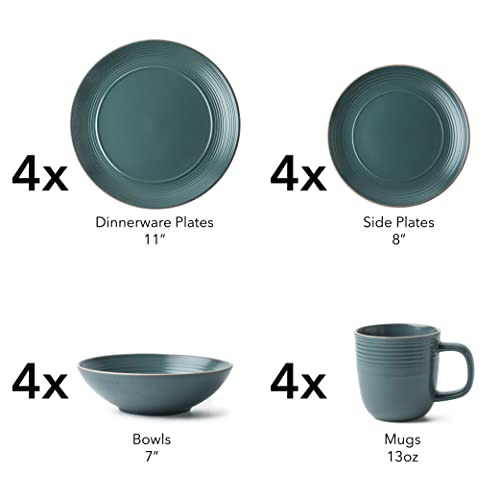 Arora RINGAR Round Stoneware 16pc Dinnerware Set of 4, Dinner Plates, Side Plates, Cereal Bowls, Mugs - Speckle Matte Green (434540) - color: Speckle Matte Green-Bowl/Mug, style: Round-Service for 4(16pcs)
