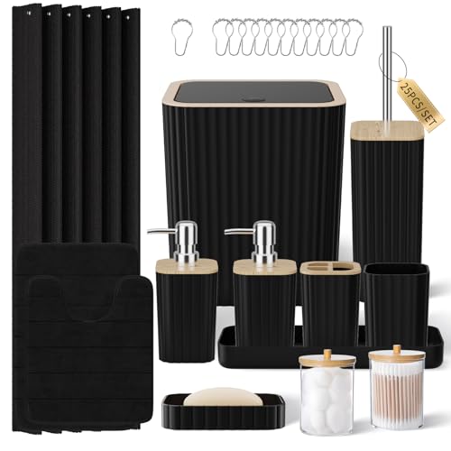XLHOMO Bathroom Set - 25PC Black Bathroom Set with Shower Curtain and Rugs, Bathroom Accessories Set, Black Shower Curtain Set with Bathroom Trash Can - size: Bath Set+Shower Curtain+Rugs, style: Black
