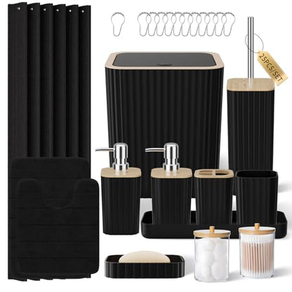 XLHOMO Bathroom Set - 25PC Black Bathroom Set with Shower Curtain and Rugs, Bathroom Accessories Set, Black Shower Curtain Set with Bathroom Trash Can - size: Bath Set+Shower Curtain+Rugs, style: Black