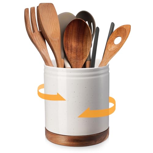 DOWAN 7.6" 360° Rotating Utensil Holder, Kitchen Utensil Holder for Countertop,Large Ceramic Utensil Crock for Kitchen Decor, Protection Cork Bottom, Speck White - color: White Specks