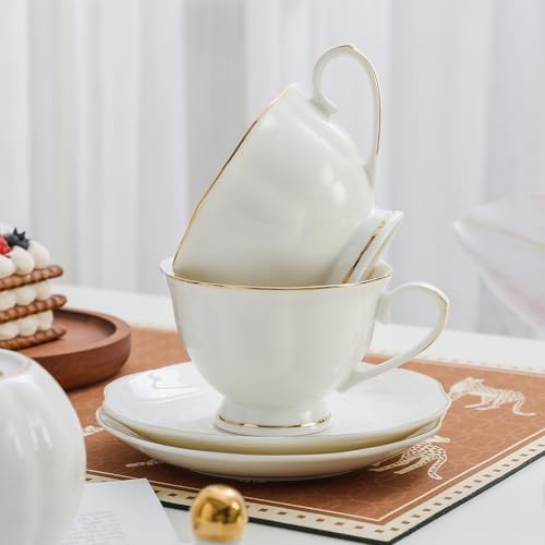 White Ceramic Tea Cup and Saucer Set of 8 (16-Piece) - 6oz Elegant Porcelain Cups with Gold Rim, 8 Cups & 8 Saucers for Tea Party - size: 6oz