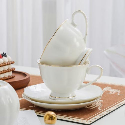 White Ceramic Tea Cup and Saucer Set of 8 (16-Piece) - 6oz Elegant Porcelain Cups with Gold Rim, 8 Cups & 8 Saucers for Tea Party - size: 6oz