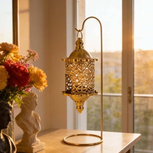 Gralara Hanging Candle Lantern with Stand Wrought Iron Baroque Style Lantern Romantic Atmosphere Hollow Metal Candle Holder for Living Room, Tabletop, Wedding, Gold