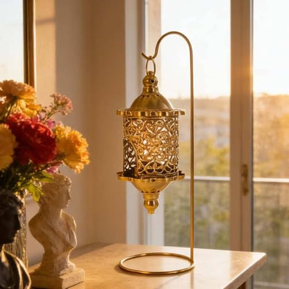 Gralara Hanging Candle Lantern with Stand Wrought Iron Baroque Style Lantern Romantic Atmosphere Hollow Metal Candle Holder for Living Room, Tabletop, Wedding, Gold