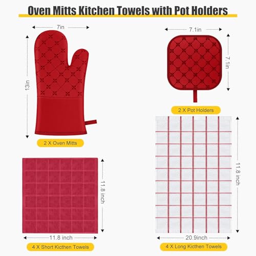 Oven Mitts Kitchen Towels Dishcloths with Pot Holders Sets 12PCS, Dish Towels Sets, Oven Gloves Pot Pads Heat Resistant 500 Degrees with Non-Slip Silicone Surface for Cooking Baking Grilling Red - color: Red