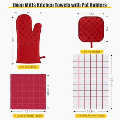 Oven Mitts Kitchen Towels Dishcloths with Pot Holders Sets 12PCS, Dish Towels Sets, Oven Gloves Pot Pads Heat Resistant 500 Degrees with Non-Slip Silicone Surface for Cooking Baking Grilling Red - color: Red