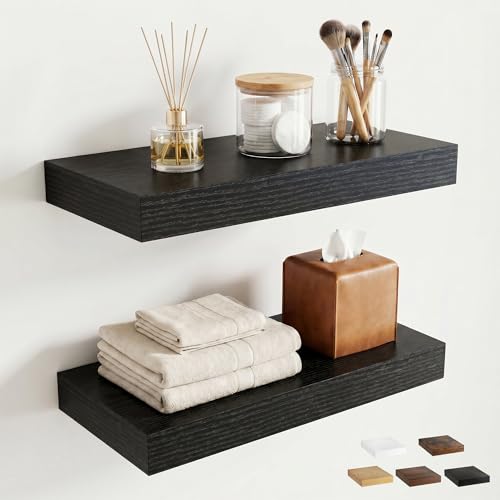 16 inchs Floating Shelves for Wall Mounted Set of 2,Rustic Wood Floating Shelf with Invisible Brackets for Small Bathroom,Bedroom,Living Room,Modern Home Decor -Black - color: Black, size: 16''W x 7.9''D x 1.5''H,Set of 2-MDF