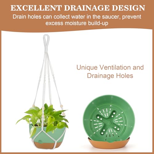 Self Watering Hanging Planter, 3 Pack 10 Inch Macrame Plant Hanger with Flower Pot, Metal Chain, S & Ceiling Hooks, Drainage Holes, Removable Saucer, Hanging Basket for Indoor Outdoor Plants - Green - color: Green