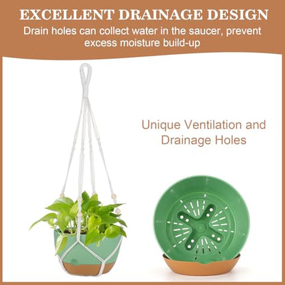 Self Watering Hanging Planter, 3 Pack 10 Inch Macrame Plant Hanger with Flower Pot, Metal Chain, S & Ceiling Hooks, Drainage Holes, Removable Saucer, Hanging Basket for Indoor Outdoor Plants - Green - color: Green