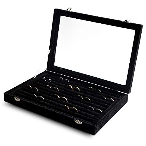 10 Slots Ring Organizer Tray,Velvet Ring Box with Clear Lid | Velvet Lining,Fits Various Rings and Stud,Glass Lid,Dustproof Design,for Personal Use and Jewelry Display,for Women Girls - color: Black, size: 10 Slots