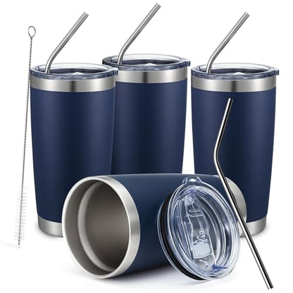 COMOOO 20oz Stainless Steel Navy Tumbler Bulk with Lid and Straw Insulated Coffee Tumbler Cup Double Wall Vacuum Travel Mug for Cold Drinks and Hot Beverage (Navy, 4 Pack) - color: Navy Blue