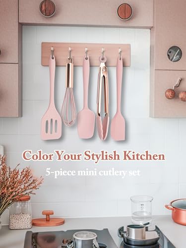 Kitchen Utensil Set,5 Pcs Mini Silicone Cooking Utensils Sets,Heat Resistant Non Stick Kitchens Gadgets BPA-Free Spatula Set,Kitchen Set for Cooking(Pink) - color: Pink
