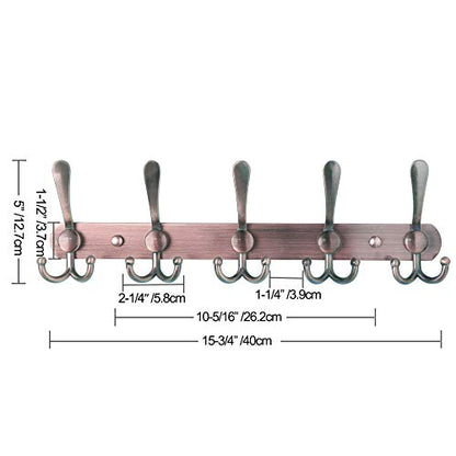 Wall Mounted Coat Rack - 5 Tri Hooks, Heavy Duty, Stainless Steel, Metal Coat Hook Rail for Coat Hat Towel Purse Robes Mudroom Bathroom Entryway,Antique Copper - color: Antique Copper, size: L=16" (1 Pcs)