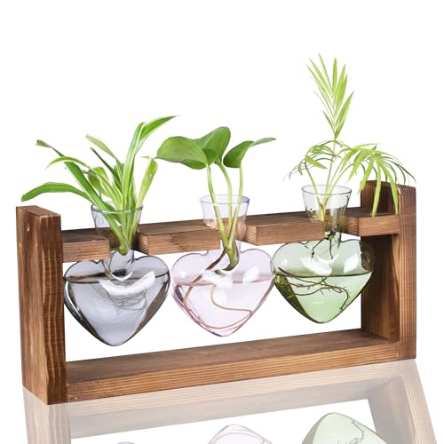 Kingbuy 3-Heart Plant Terrarium Kit - Stained Glass Vase Propagation Station with Vintage Wood Stand - Wall-Mounted & Tabletop Indoor Garden Decor for Home Kitchen Wedding (Grey, Green, Pink) - color: Mix - A