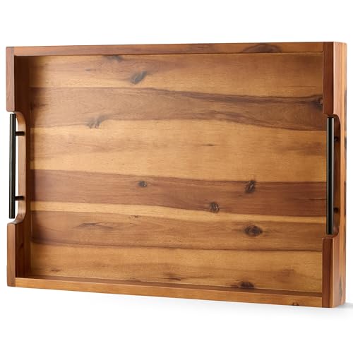 TIDITA 20 x 14 Inch Large Ottoman Tray for Living Room – Large Wooden Tray for Ottoman , Decorative Serving Tray with Handles, for Coffee Table, Kitchen Counter & Home Decor | Acacia Wooden Tray for Ottoman, Wooden Ottoman Tray for Living Room, Decorative