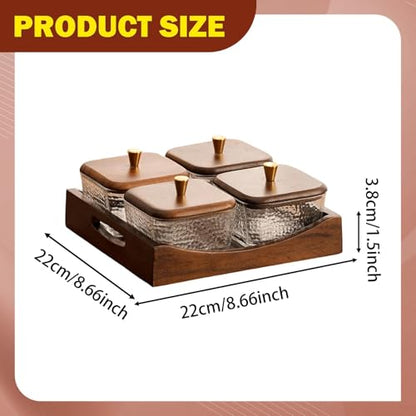 Divided Serving Tray with Lid, Made of Glass and Wood, Snack Bowl with Compartments for Fruit, Nuts, and Sweets. and Practical for Kitchen, of, 4 Compartment Square - size: 4 Compartment Square