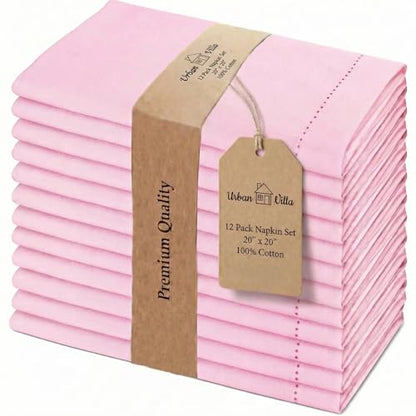 Urban Villa Hemstitch Cloth Dinner Napkins Cotton 20”x20” (Set of 12)-Pink - color: 008 Pink - Hemstitch, size: 20" x 20" (Set of 12)