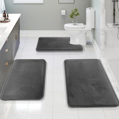 Clara Clark 3 Piece Bathroom Rugs Bath Mat Set, Velvet Memory Foam Bath Mats for Bathroom - Non-Slip, PVC Backing Bath Rugs, Washable - Dries Quickly, Grey - color: Dark Grey