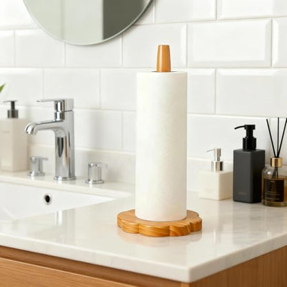 Wood Paper Towel Holder, Countertop Wooden Kitchen Towel Roll Stand with Flower Shape Anti Skid Base Rack Napkin Organizer for Kitchen Countertop Dining Table Cabinet(Wood Color) - color: Flower Shape Base