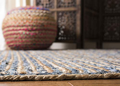 SAFAVIEH Cape Cod Collection Area Rug - 6' Square, Natural & Blue, Handmade Flat Weave Jute, Ideal for High Traffic Areas in Living Room, Bedroom (CAP250A) - size: 6' x 6' (Square)