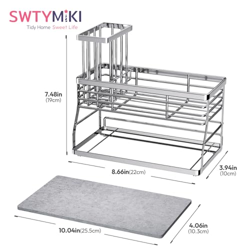 SWTYMIKI Kitchen Sink Caddy Organizer, 2 Tier Sponge Holder for Kitchen Sink with Instant Drying Stone, Removable Brush Holder for Fast Drying on Countertop, Silver - color: Silver-2 Tier