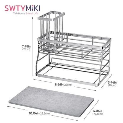 SWTYMIKI Kitchen Sink Caddy Organizer, 2 Tier Sponge Holder for Kitchen Sink with Instant Drying Stone, Removable Brush Holder for Fast Drying on Countertop, Silver - color: Silver-2 Tier