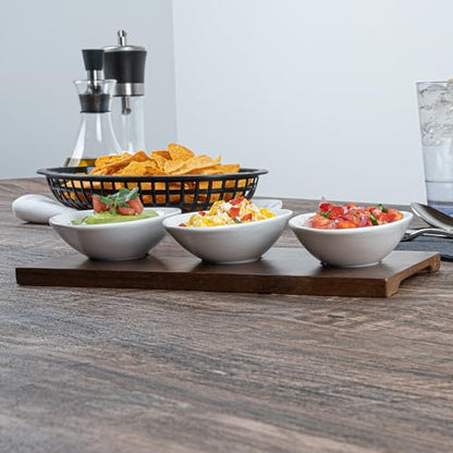 Restaurantware-9 Ounce Bowl Set with Tray - 1 Dishwashable Serving Set, Includes 3 Porcelain Bowls And 1 Bamboo Tray, Durable, White Porcelain And Bamboo Bowl And Platter Kit, Reusable, Freezable - size: Triple set, style: Ellipse