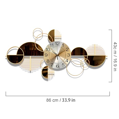 Metal Wall Clock Decorative 3D Metal Wall Art Clock for Living Room Bedroom Creative Modern Big Wall Clock Decor with Silent No-Ticking 34 X 17.7 inch