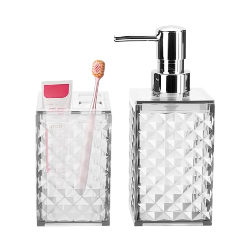 RRM White Bathroom Accessories Set, Soap Dispenser and Toothbrush Holder | Diamond Pattern Bathroom Set for Boho Bathroom Decor - color: White