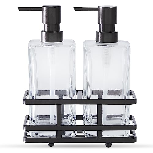 Square Glass Clear Lotion and Soap Pump Dispenser Set with Metal Stand Caddy for Bathroom Bath Kitchen Home Office Travel Hotel Hand Crafted Heavy Weight Oil Rubbed Bronze - color: Oil Rubbed Bronze