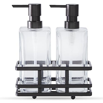 Square Glass Clear Lotion and Soap Pump Dispenser Set with Metal Stand Caddy for Bathroom Bath Kitchen Home Office Travel Hotel Hand Crafted Heavy Weight Oil Rubbed Bronze - color: Oil Rubbed Bronze