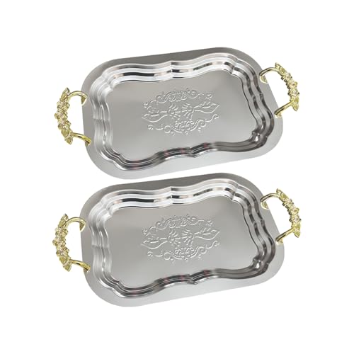 Silver Serving Tray With Handles – BBQ Tray Decorative Platters for Wedding Anniversary Birthday Holiday Gatherings Buffet Charcuterie Serving Rectangular 2 Pack