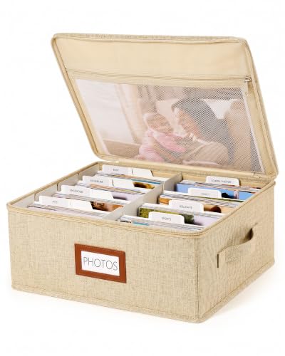 Photo Storage Box, 2000 4x6 Photo Organizer with 8 Dividers, Khaki | Linen Keepsake Box with Zipper Lid & 30 Label Cards, Mesh Pocket for 8x10 Prints, Stores Family Wedding Memories - color: Khaki