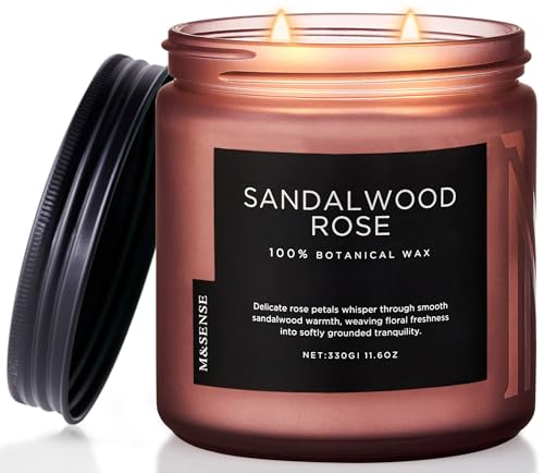 M&SENSE Sandalwood Rose Scented Candles - 11.6oz Natural Soy Wax, Non Toxic | 70-Hour Burn Long Lasting, Slow Burning, Romantic Floral Scent for Stress Relief Spa - Aromatherapy Housewarming Gift for Her - color: Sandalwood Rose, size: Medium Jar