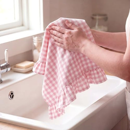 HunnmingRe Light Pink Kitchen Towels Set of 2, 100% Cotton Ruffled Gingham Dish Towels 18"x28" Absorbent Tea Cloths Classic Plaid Pattern for Farmhouse Charm, Drying Dishes, Entertaining Guests - color: Light Pink, style: Gingham