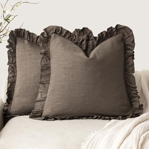Foindtower Set of 2 Decorative Soild Fringe Ruffle Throw Pillow Covers Soft Boho Farmhouse Cushion Cover Cozy Accent Retro Pillowcase for Couch Sofa Bed Living Room Home Decor,20×20 Inch,Dark Brown - color: Dark Brown, size: 20" x 20" (Pack of 2)